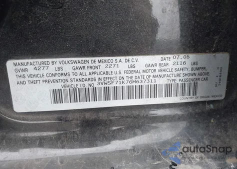 2006 Volkswagen Jetta 2.5 из США, поврежденный, VIN 3VWSF71K76M637311